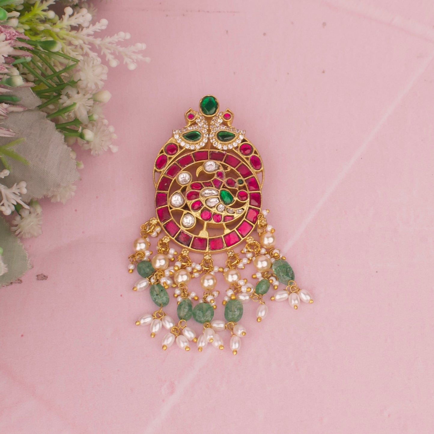 Designer Jadau Kundan Locket With Hanging Rice Pearls
