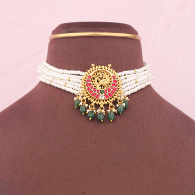 Classic Pearl Choker with Temple Peacock Pendant