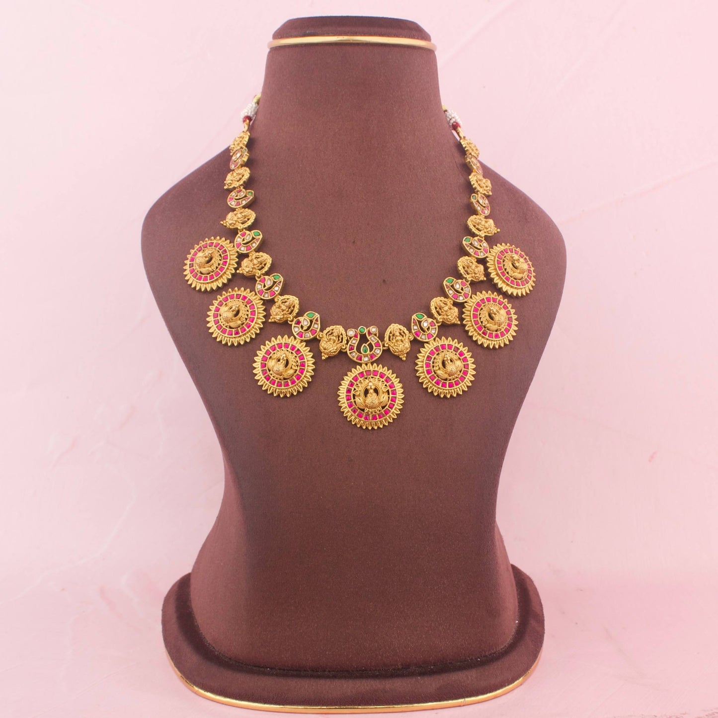 Antique Gold Temple Necklace Set With Matching Earrings