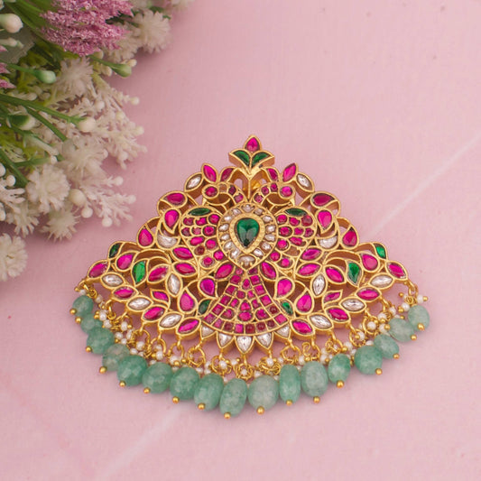 Bridal Peacock Jadau Kundan Locket With Green Beads