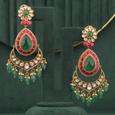Elegant Victorian Polki Chandbali Earrings With Green Drops