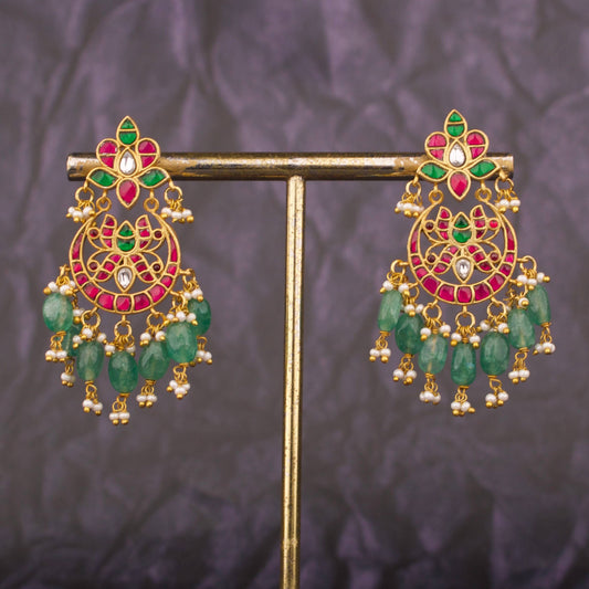 Ethnic Jadau Kundan Chandbali Earrings With Emerald Beads