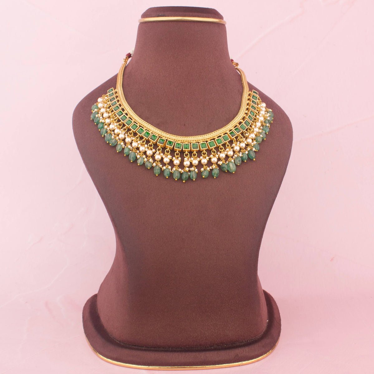 Jadau kundan Jalebi Necklace With Pearls And Green Bead Hangings Styling Angle View 5 - Dulhan Jewels