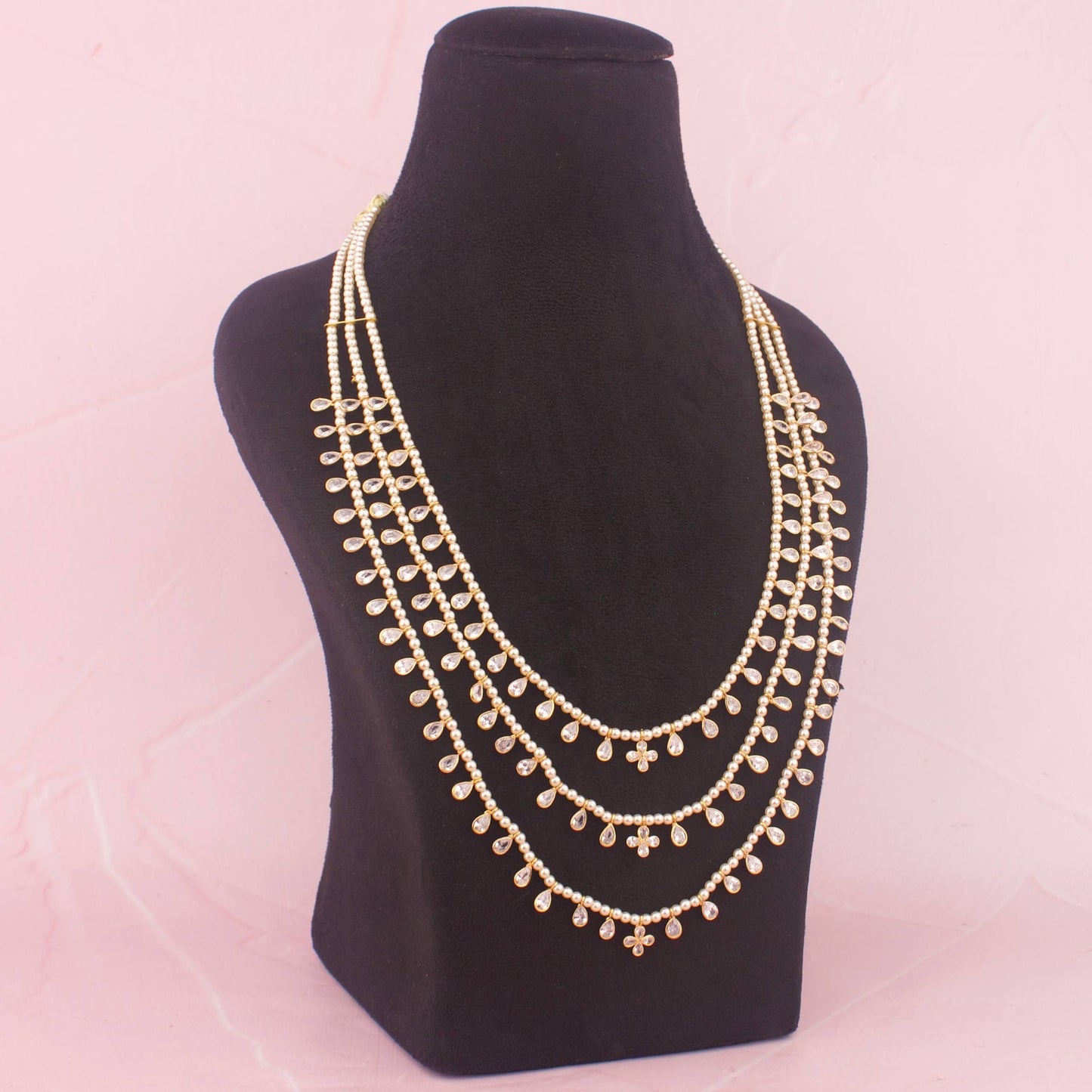 Elegant Multi Layer Bead Kundan Pearl Necklace Styling Angle View 4 - Dulhan Jewels