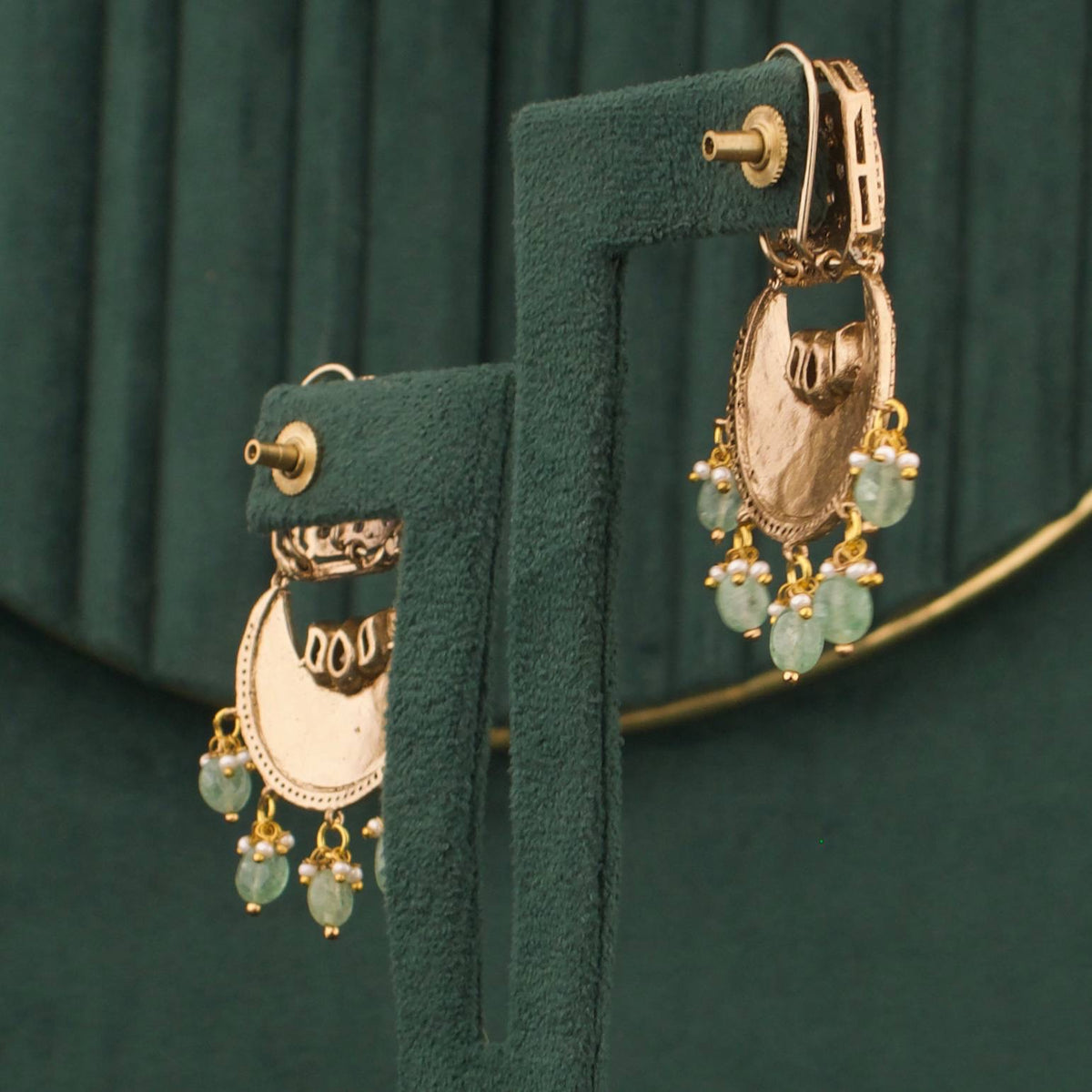 Regal Polki Mehandi Victorian Chand Bali Earrings Styling Angle View 4 - Dulhan Jewels