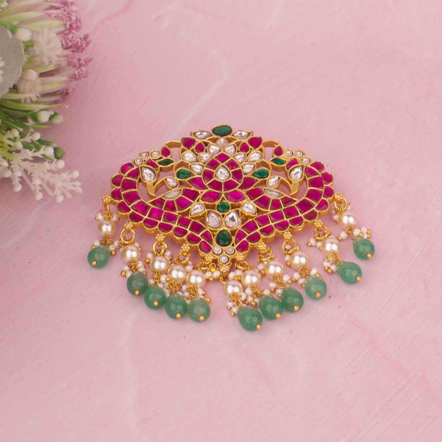 Dual Floral Design Jadau Kundan Pendant With Green Beads