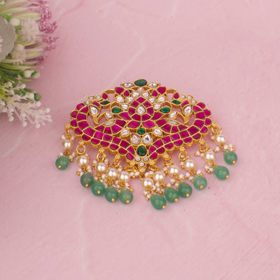 Dual Floral Design Jadau Kundan Pendant With Green Beads