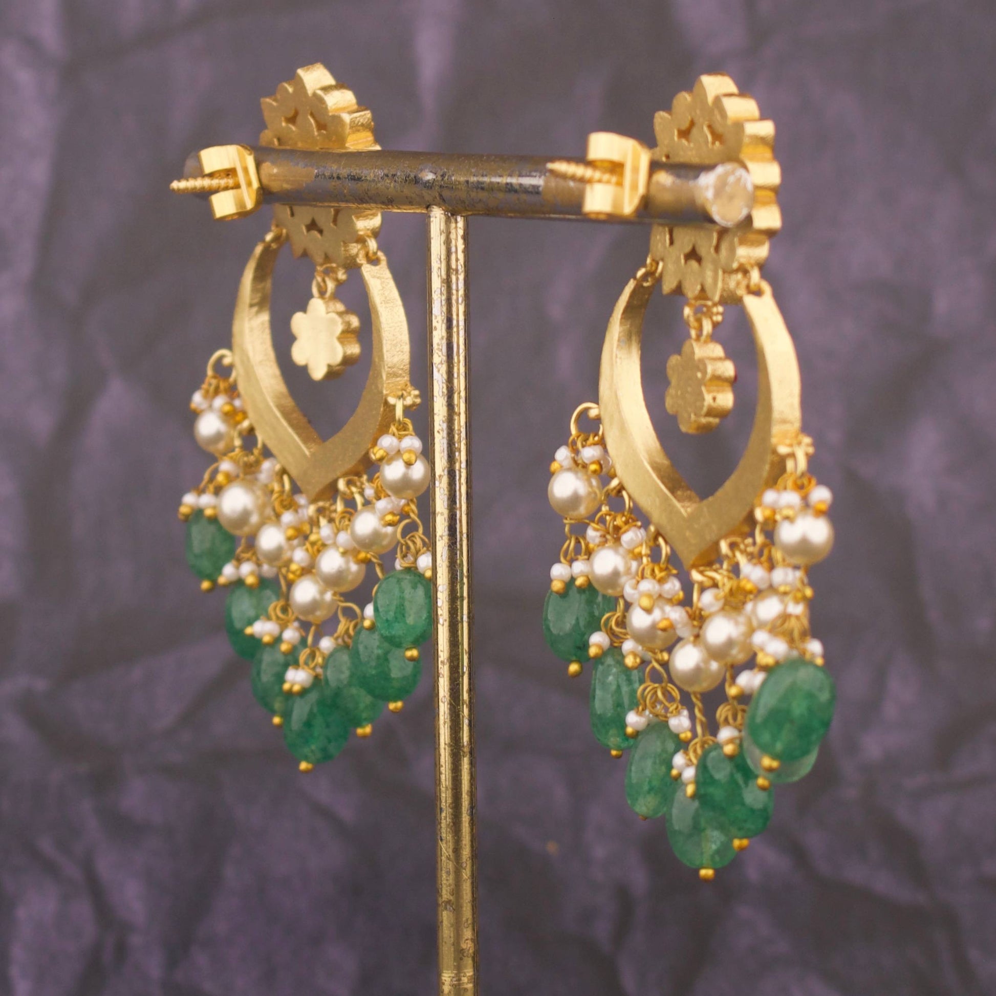 Floral Studded Jadau Kundan Chandbali Earrings With Emerald Beads Craftsmanship & Detail View - Dulhan Jewels