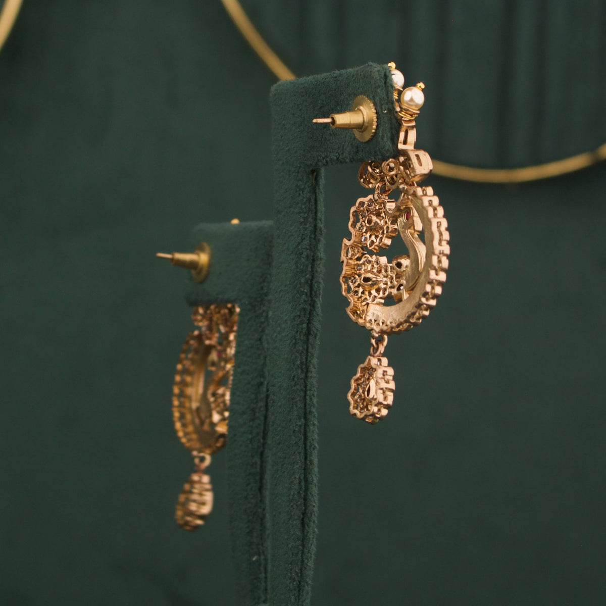 Bridal Peacock Design Fusion Kundan & Polki Victorian Pendant Set Styling Angle View 5 - Dulhan Jewels