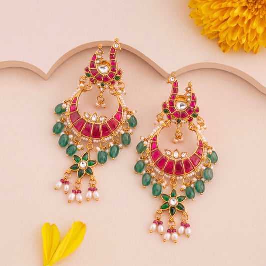 Stylish Jadau Kundan Chandbali Earrings With Green Drops