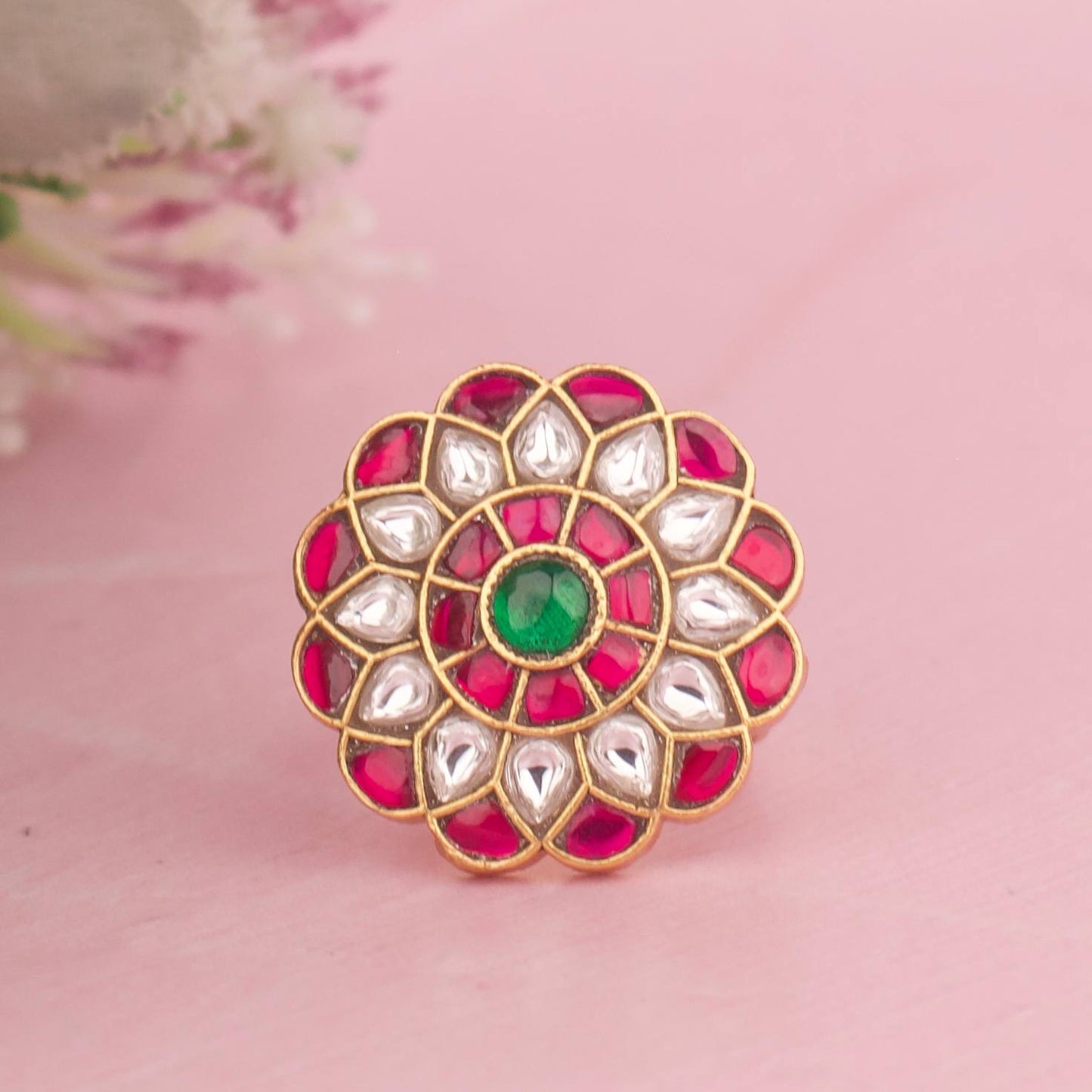 Regal Jadau Kundan Floral Ring With Green Center Stone