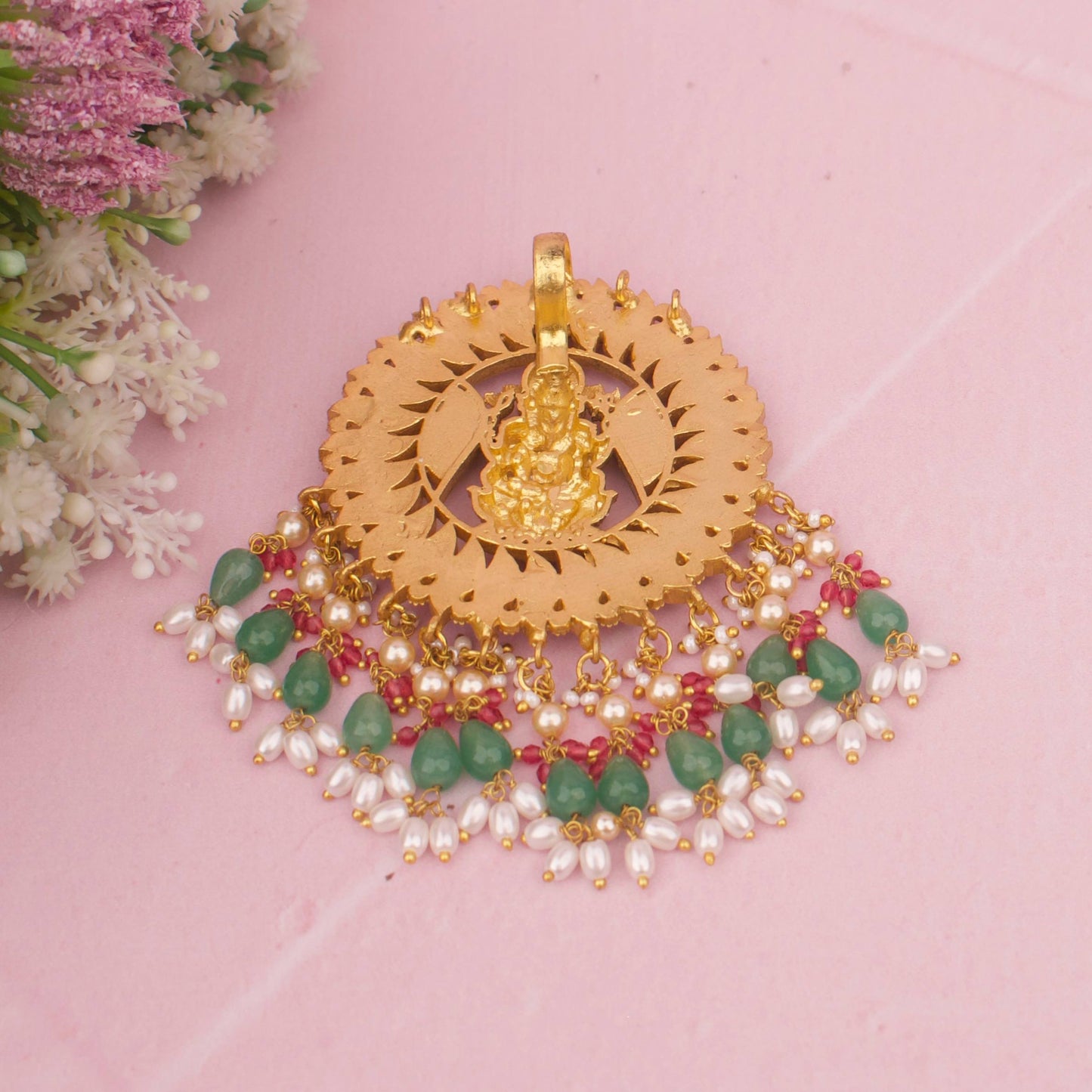 Ganesh Design Jadau Kundan Locket in Gold Style with Beads