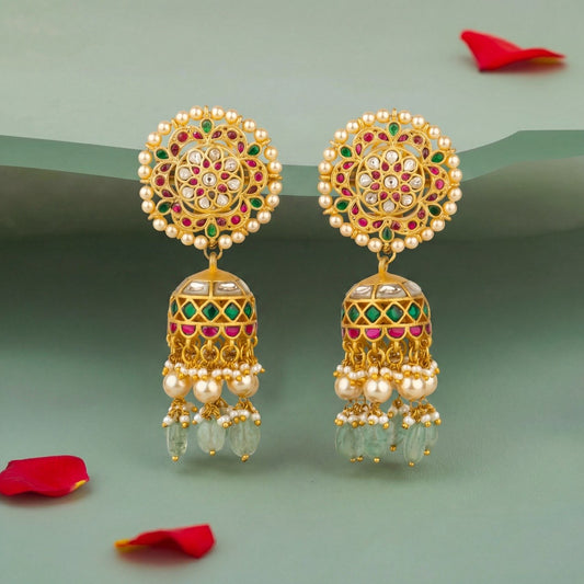 Captivating Floral Design Jadau Kundan Jhumki with Swarovski Pearls