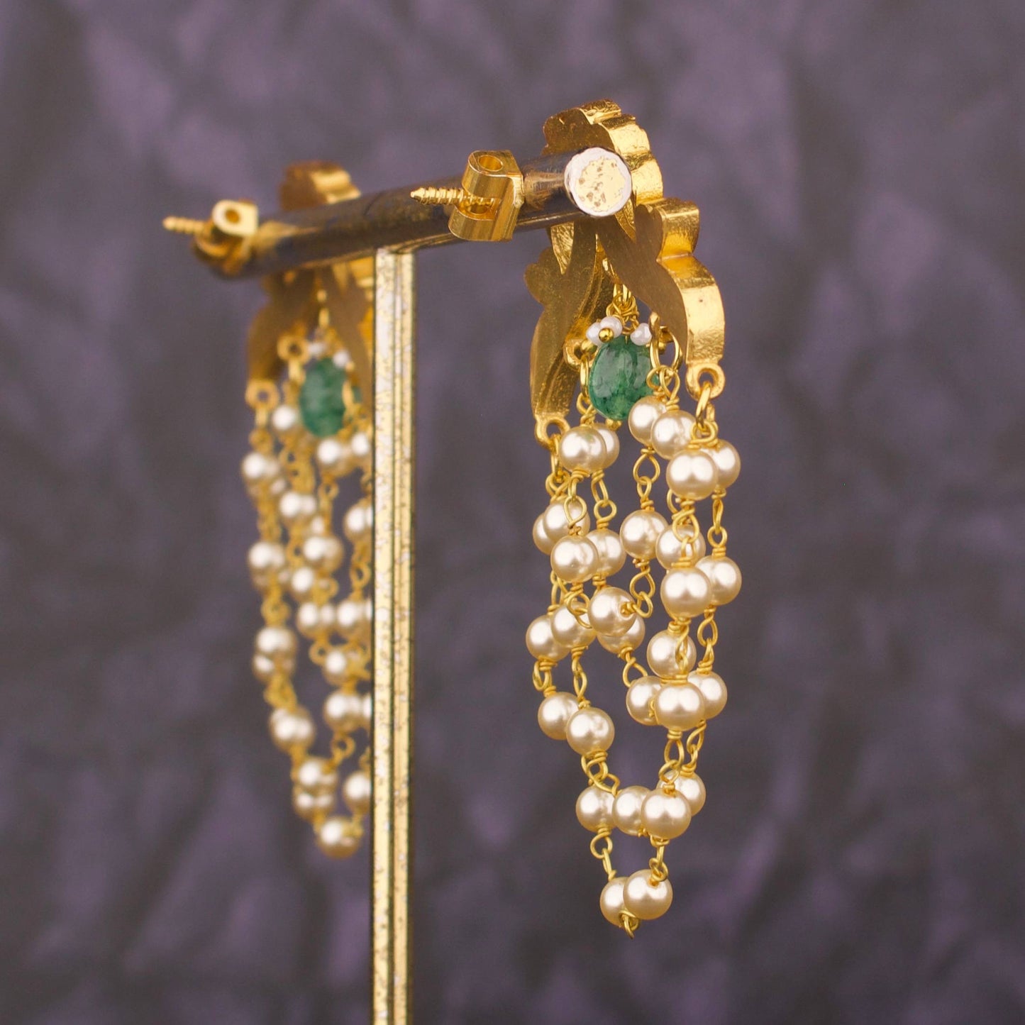 Jadau Kundan Stud Earrings With Multi-Layer Pearl Chains - Alternate View 3