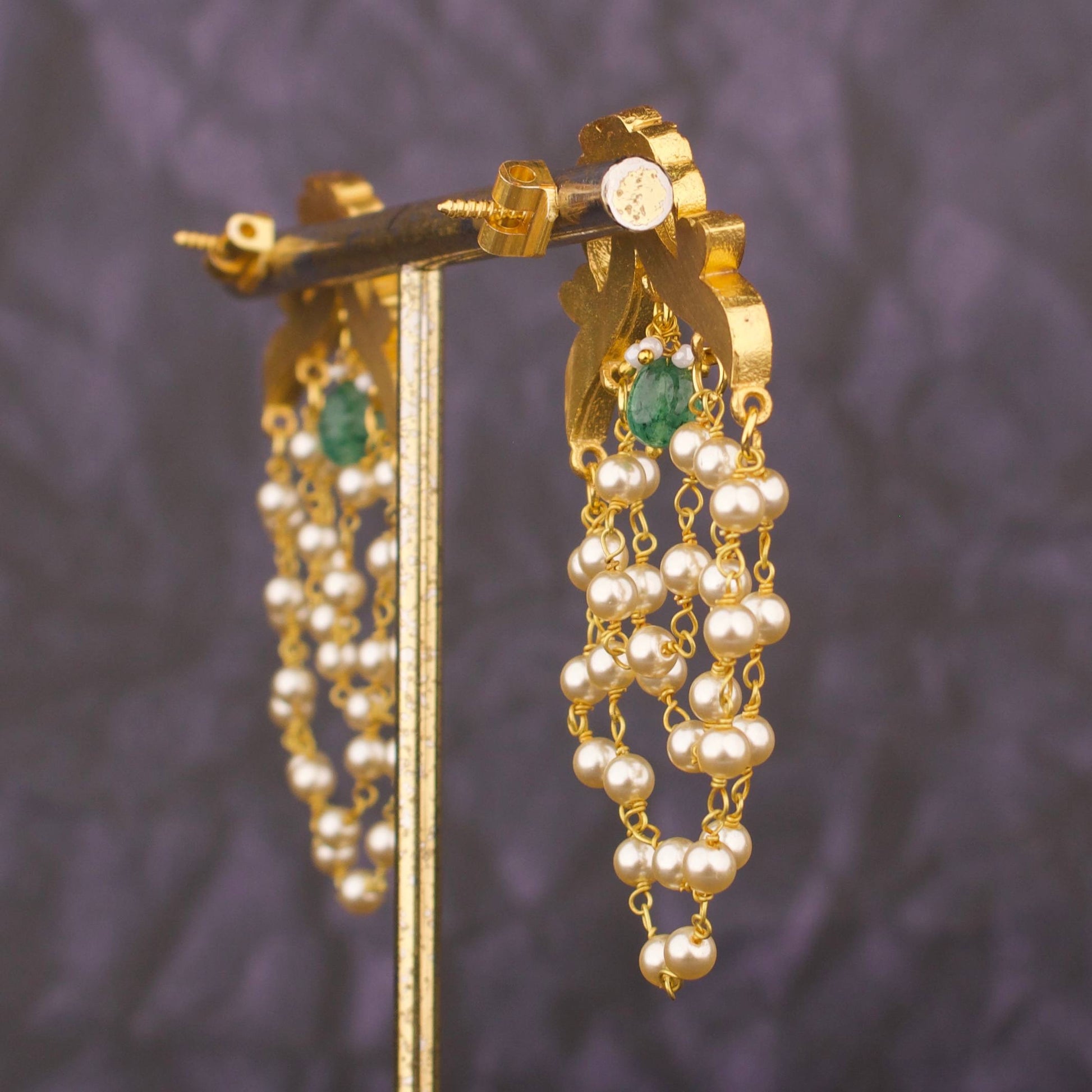 Jadau Kundan Stud Earrings With Multi-Layer Pearl Chains - Alternate View 3