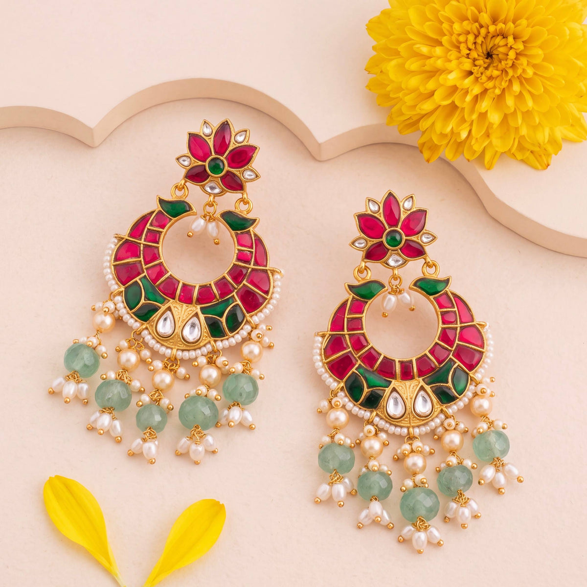 Grand Lotus Design Jadau Kundan Chand Bali with Beads Hanging - Handcrafted Indian Bridal Jewelry by Dulhan Jewels