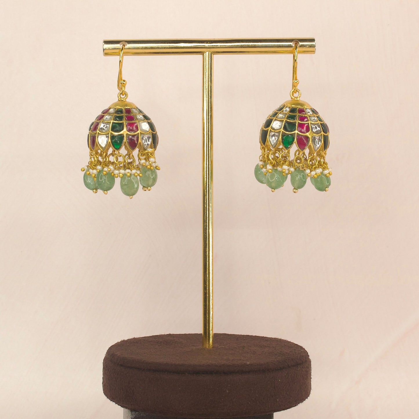 Tricolor Elegance Jadau Kundan Jhumka Earrings with 22k Gold plating