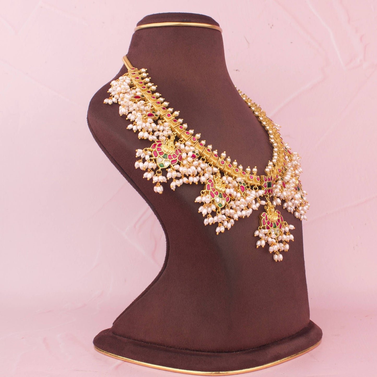 Grand Jadau Kundan Necklace Set With Pearl Hangings With Matching Earrings