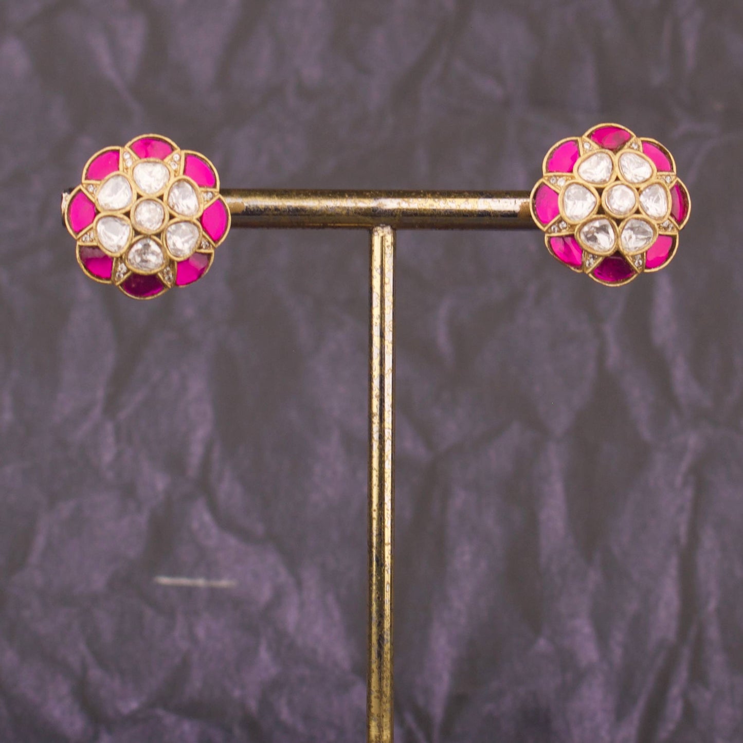 Classic Pink Kundan Flower Stud Earrings