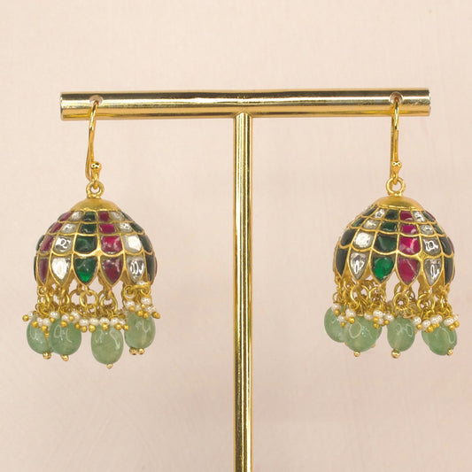 Tricolor Elegance Jadau Kundan Jhumka Earrings with 22k Gold plating