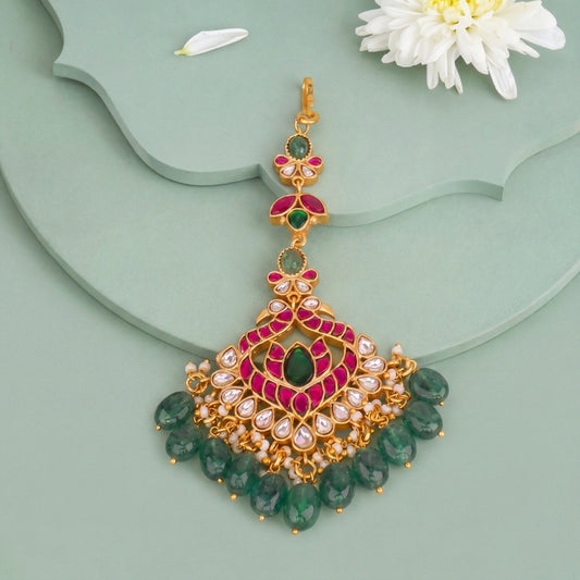 Peacock Design Jadau Kundan Maang Tikka With Emerald Beads