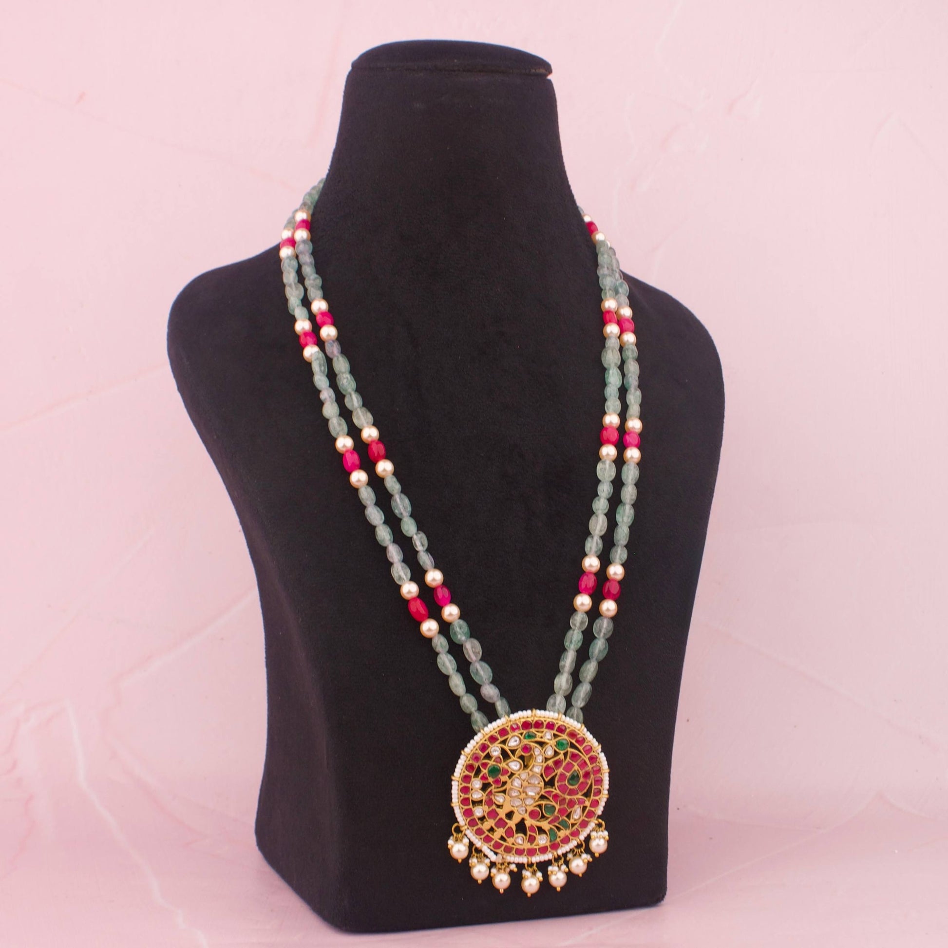 Close-Up Detail View of Unique Jadau Kundan Beads & Pearl Mala | Dulhan Jewels
