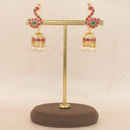 Unique Peacock Studded Jadau Kundan Jhuki With Guttapusalu Hangings