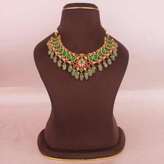 Royal Elegance Design Jadau Kundan Short Necklace with Green Beads