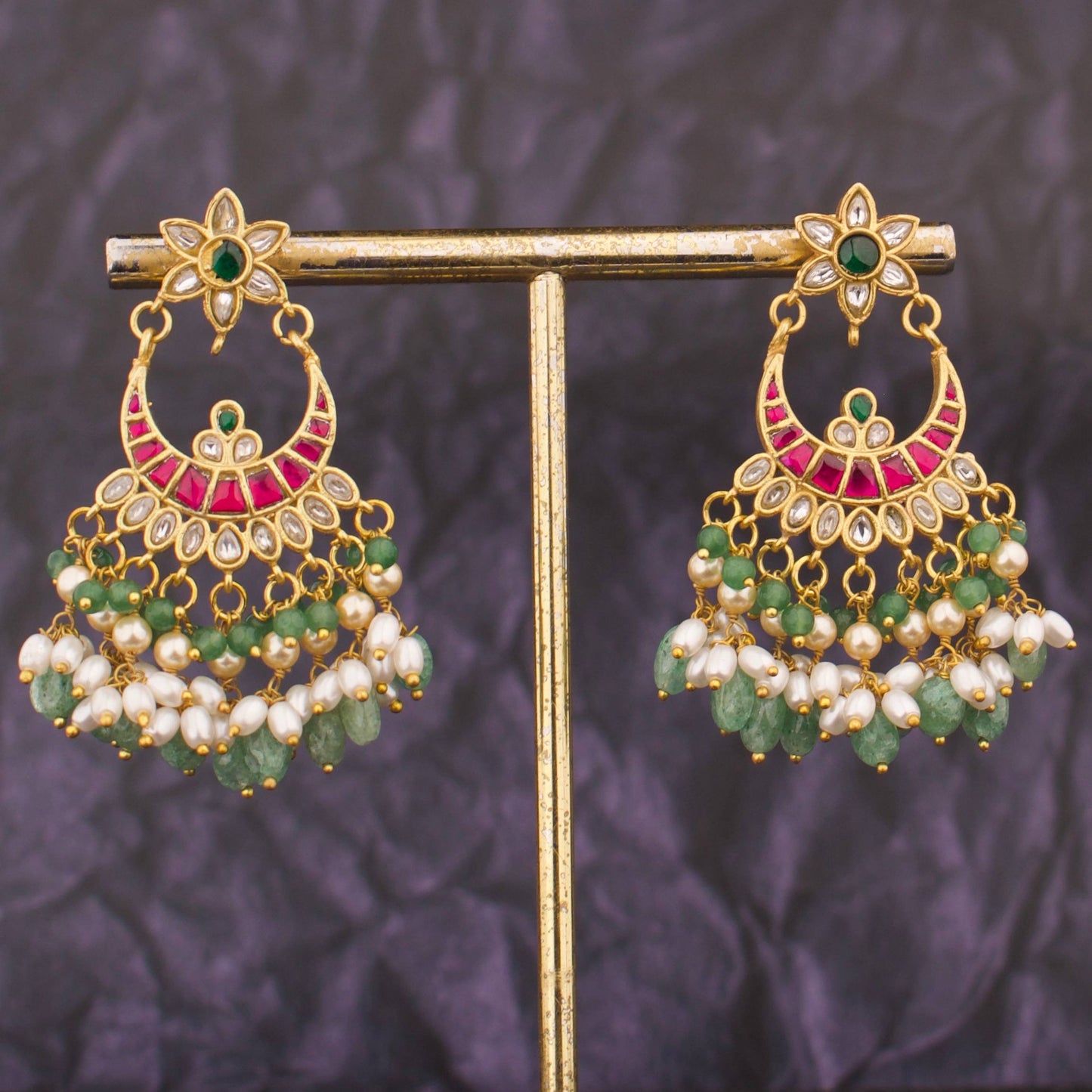 Floral Studded Jadau Kundan Guttapusalu Chandbali Earrings
