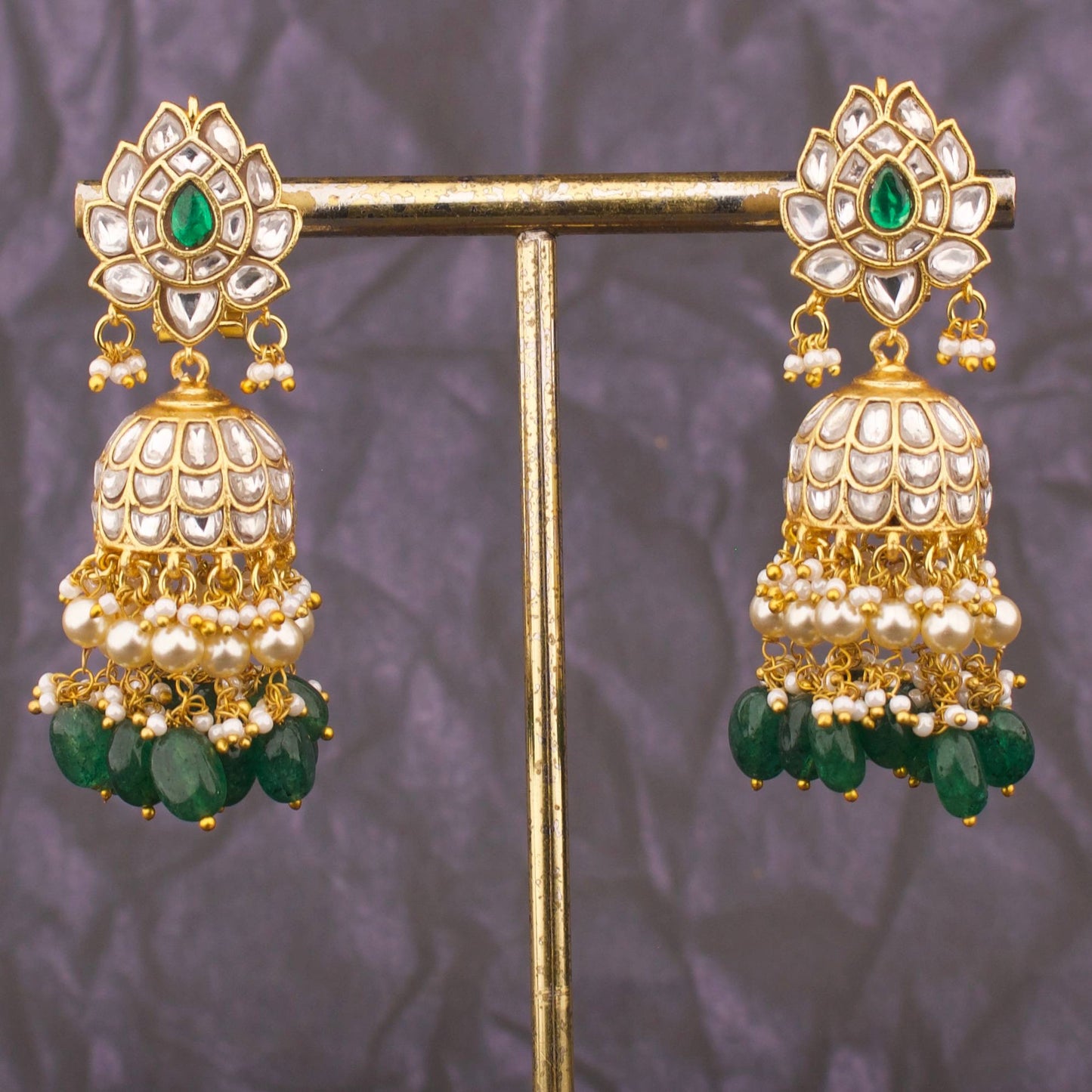 Floral Studded Jadau Kundan Jhumki With Pearl And Bead Hangings