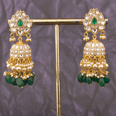 Floral Studded Jadau Kundan Jhumki With Pearl And Bead Hangings