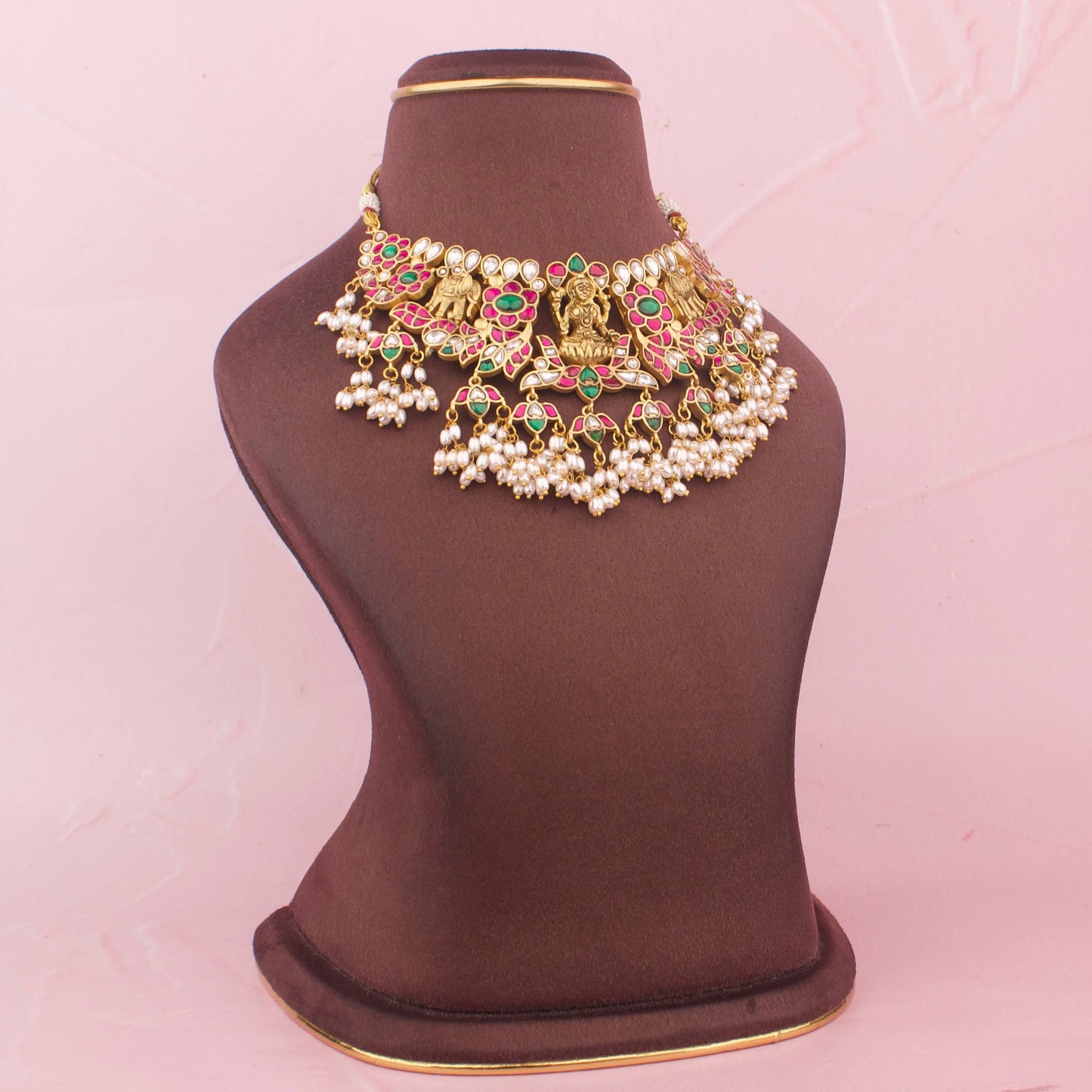Close-Up Detail View of Fabulous Jadau Kundan Short Guttapusalu Necklace + Choker | Dulhan Jewels