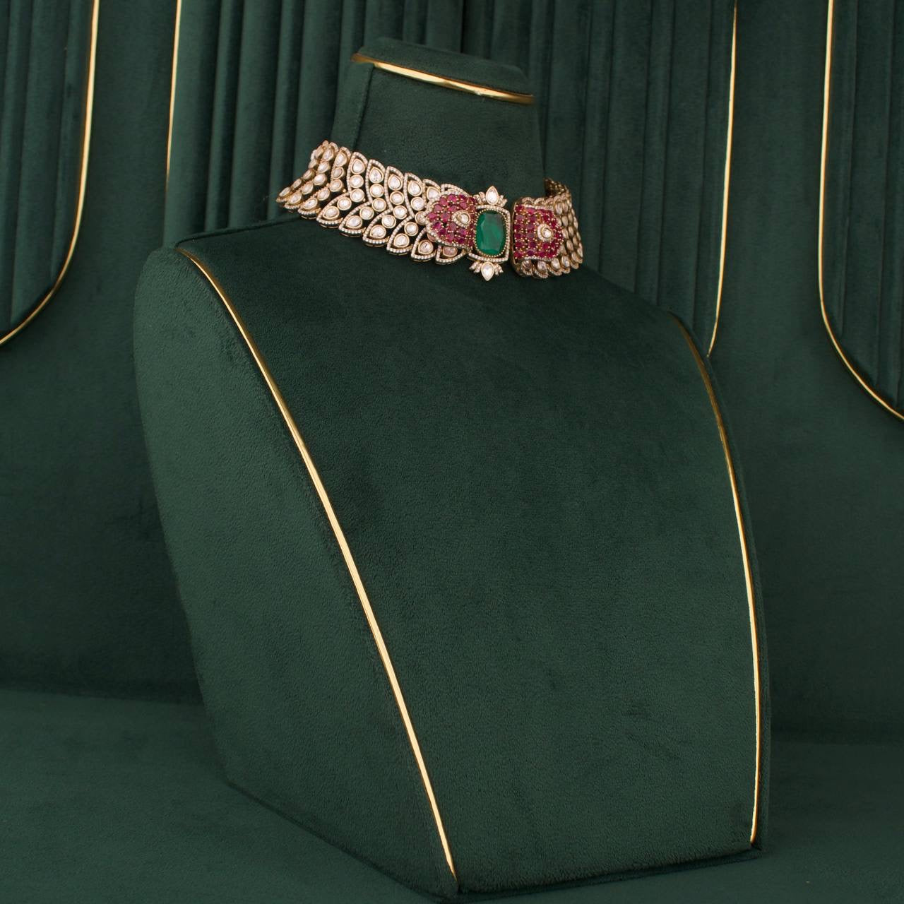 Bridal Victorian Moissanite Polki Choker Set With Matching Earrings