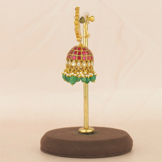 Captivating Bridal Jadau Kundan Jhumki with Green Beads