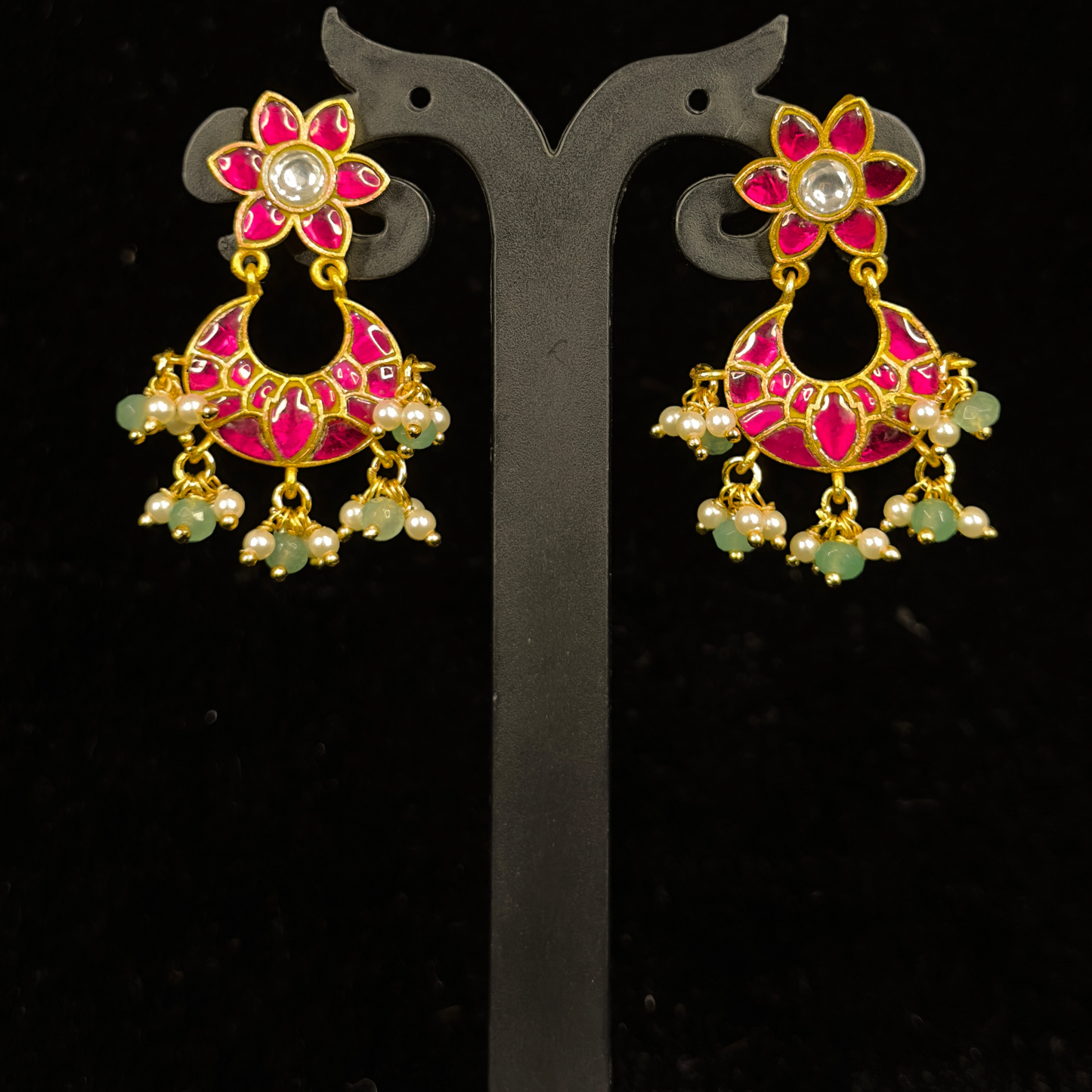 Crimson Bloom Jadau Kundan Chandbali with Pearl Drops