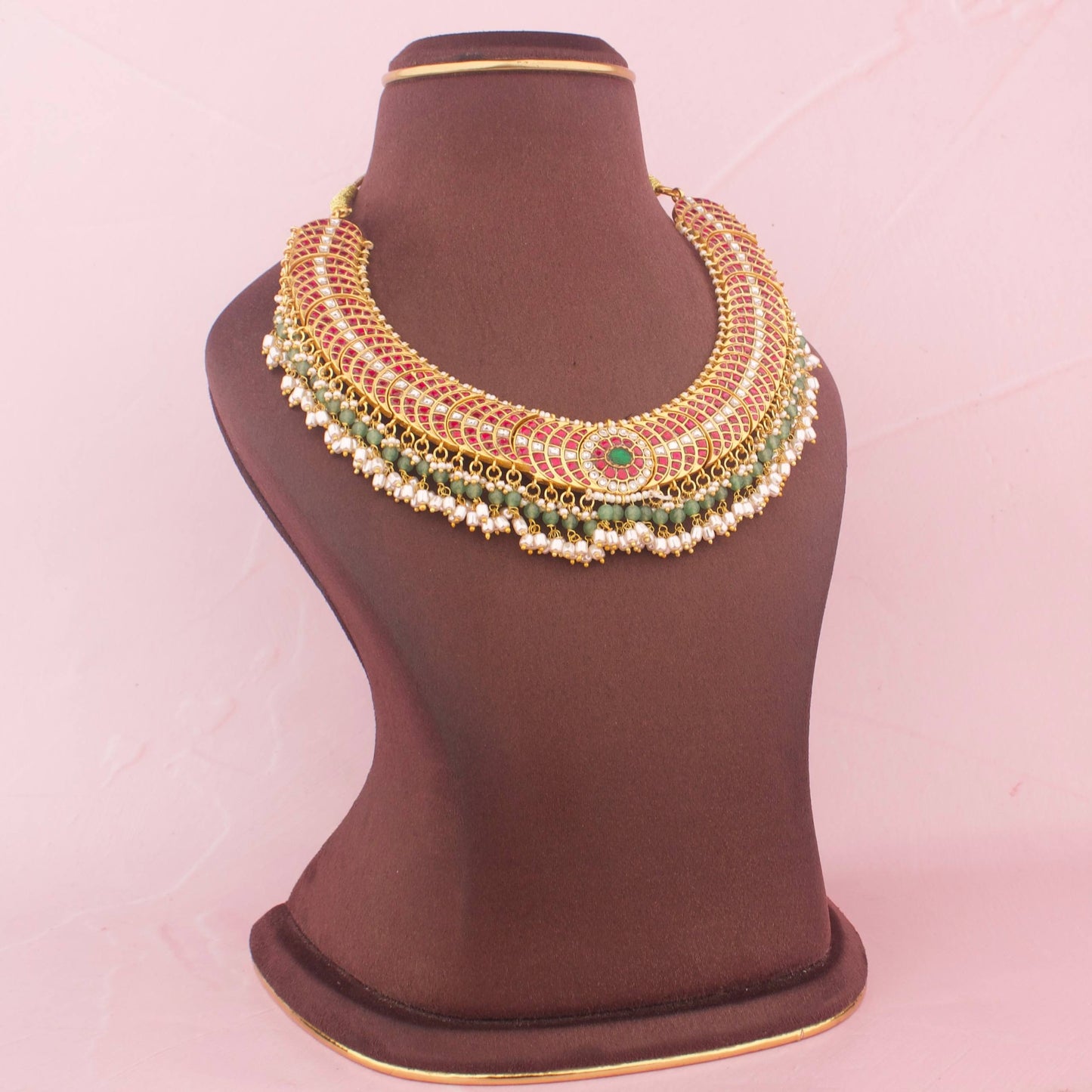 Chand Shape Jadau Kundan Necklace Design With Green Beads Craftsmanship & Detail View - Dulhan Jewels