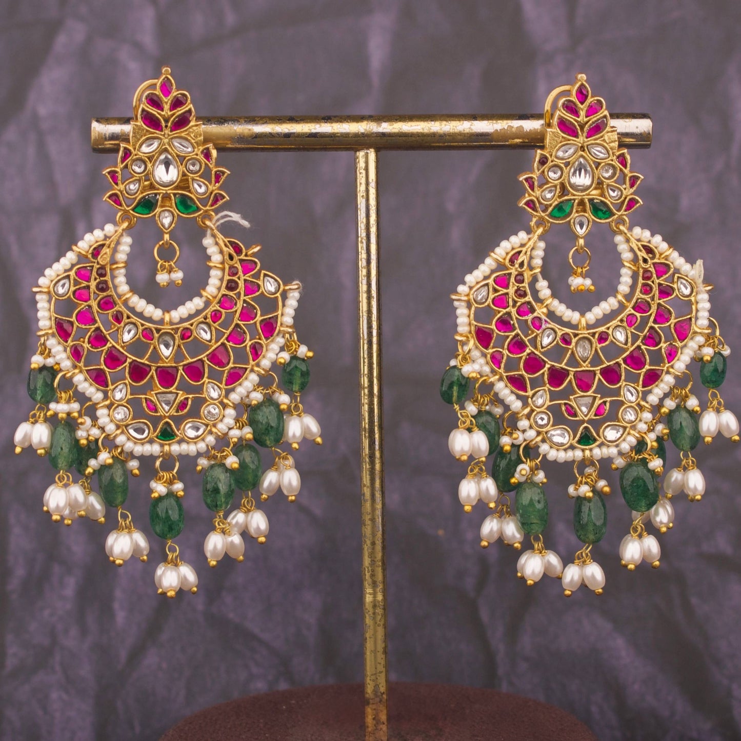 Radiant Jadau Kundan Chandbali Earrings With RicePearl Hangings