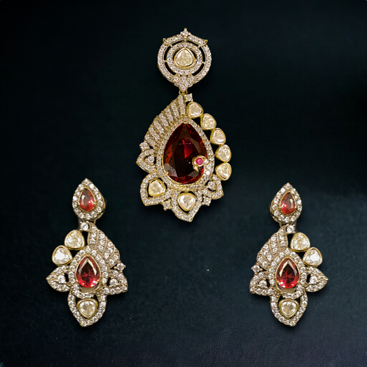 Exquisite Victorian Pendant Set zircon & Polki Stones for Festive Wear. This Victorian Jewellery is available in Red,Green & Purple colour variants. 