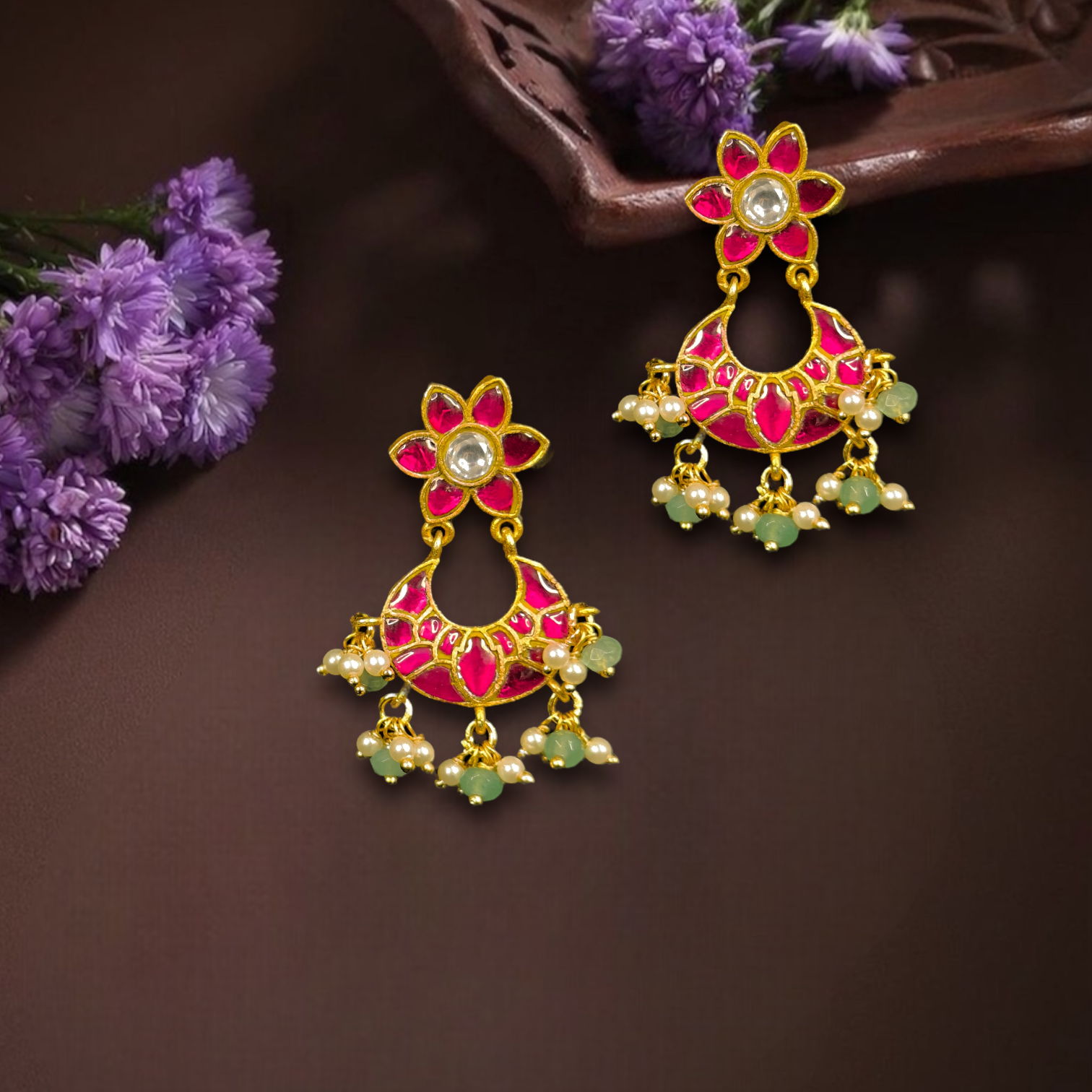 Crimson Bloom Jadau Kundan Chandbali with Pearl Drops