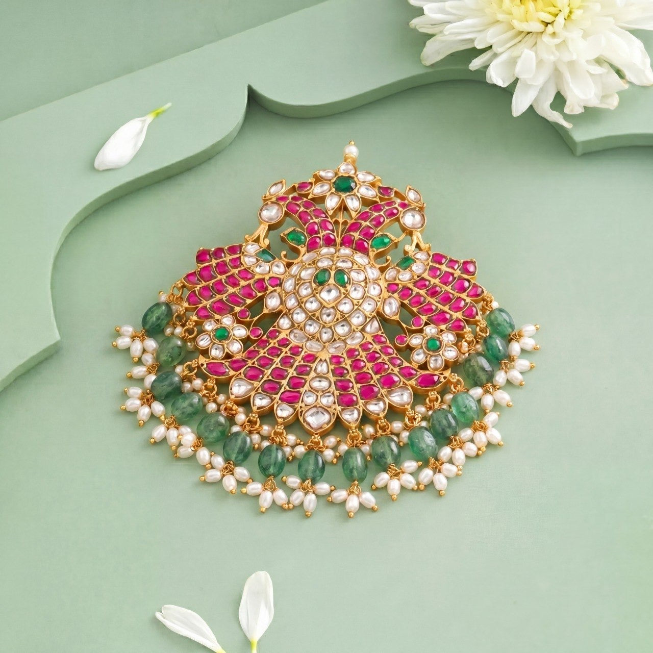 Grand Peacock Design Jadau Kundan Locket With Guttapusalu Hangings