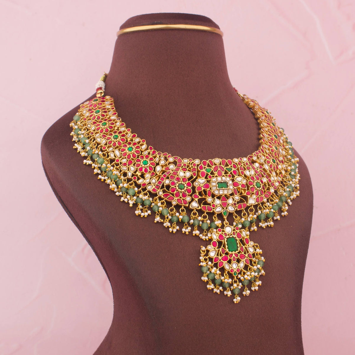 Bridal Jadau Kundan Necklace With Green Bead Drops