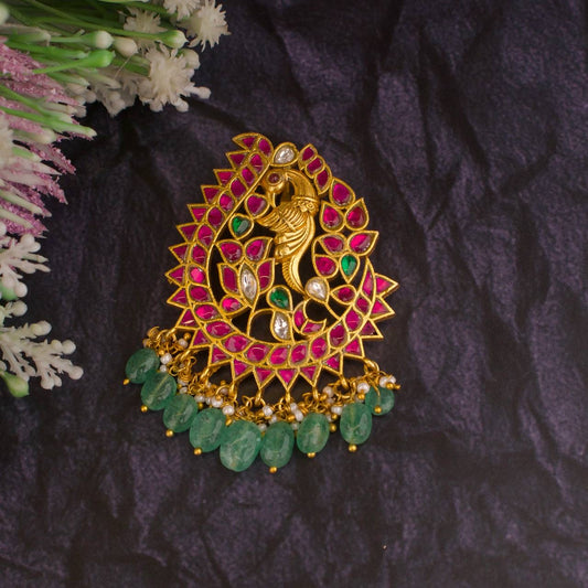 Nakshi Peacock Design Jadau Kundan Pendant With Green Beads Hangings