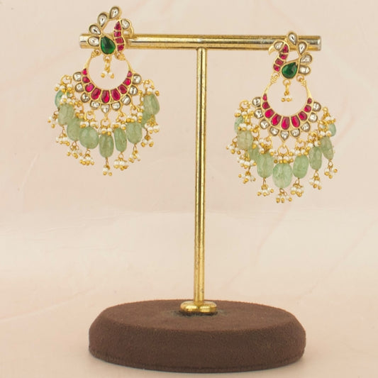 Elegant Peacock Design Jadau Kundan Chand Bali with Green Beads