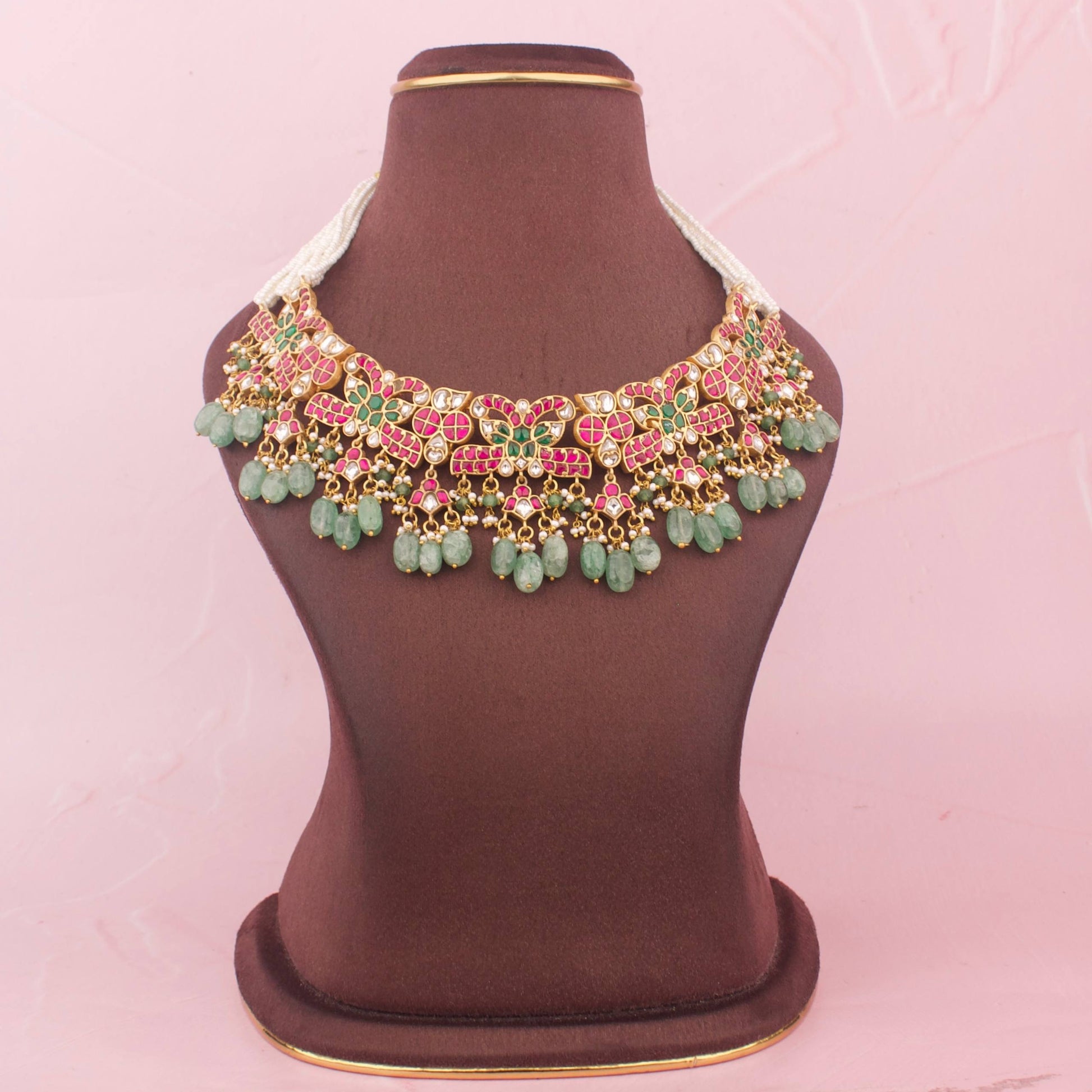 Grand Festive Design Jadau Kundan Short Beads Choker with Green Beads - Premium Indian Ethnic Jewelry | Dulhan Jewels