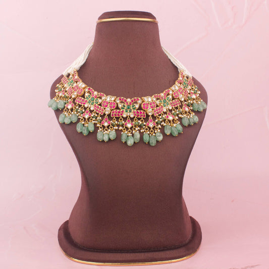 Grand Festive Design Jadau Kundan Short Beads Choker with Green Beads