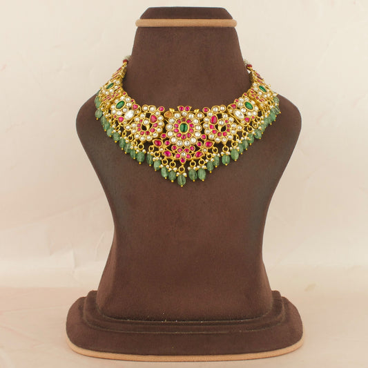 Grand floral Peacock Design Jadau Kundan Short Necklace with Green Beads