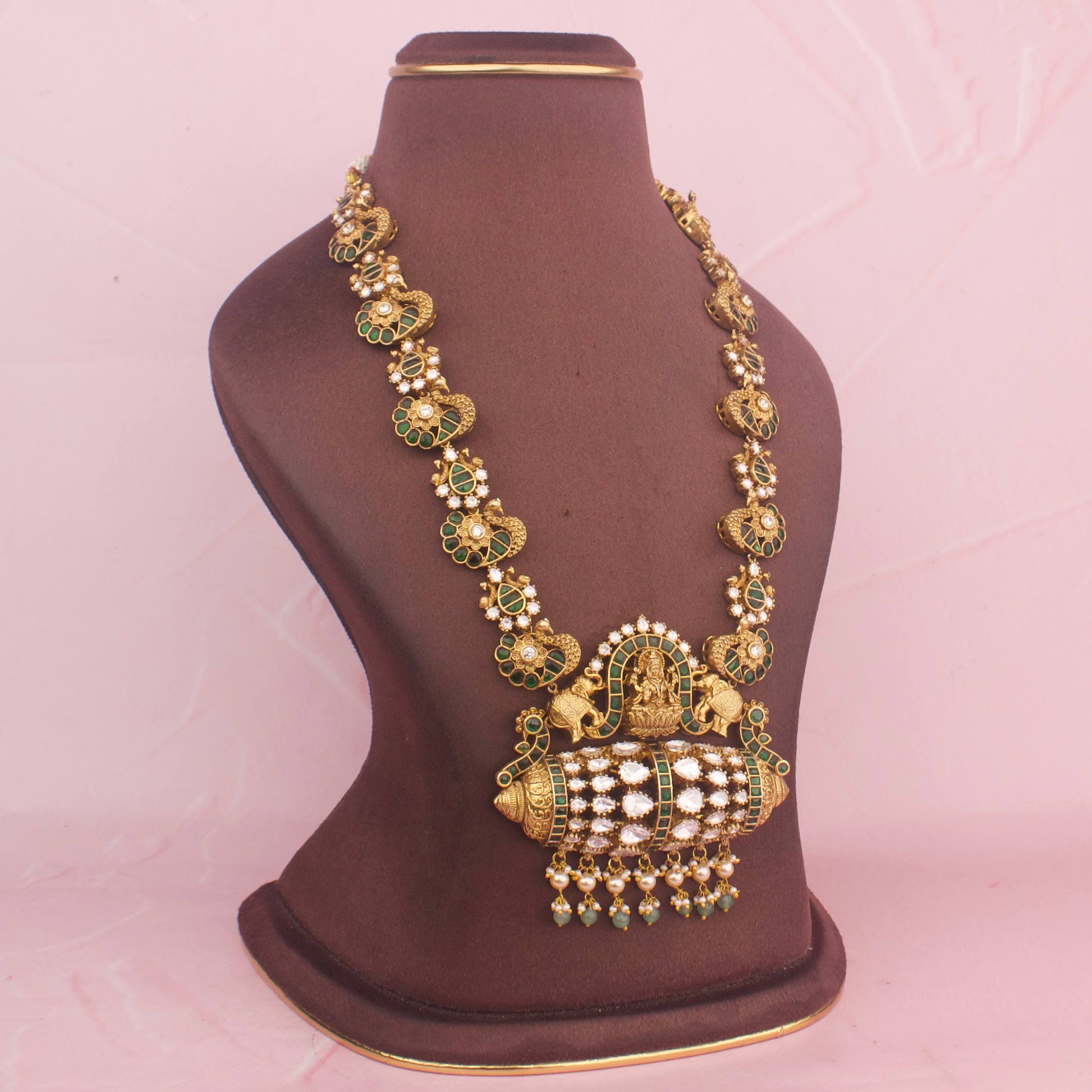 Side Angle & Craftsmanship View of Timeless Divine Laksmi Devi and Elephant Design Jadau Kundan Short Necklace Antique Necklace | Dulhan Jewels