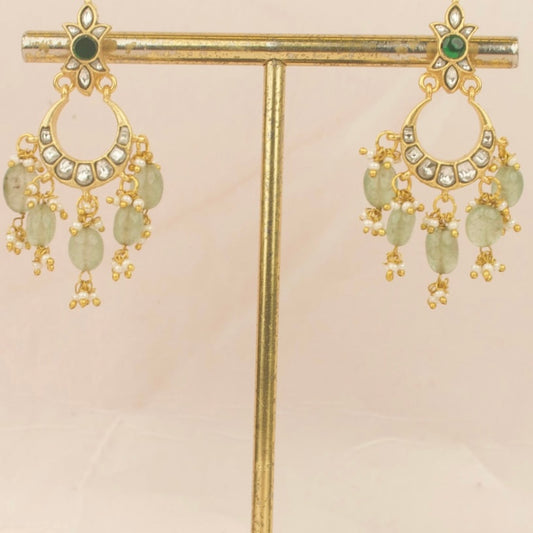 Classic Jadau Kundan white Chand Bali With Green Beads Hanging - DULHAN JEWELS
