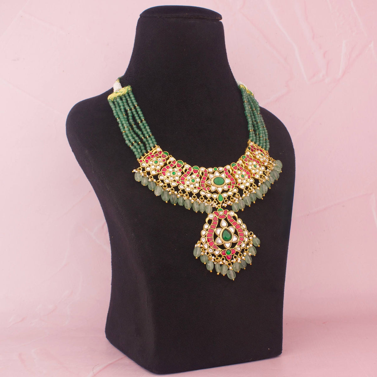 Traditional Jadau Kundan Necklace With Green Beads Craftsmanship & Detail View - Dulhan Jewels