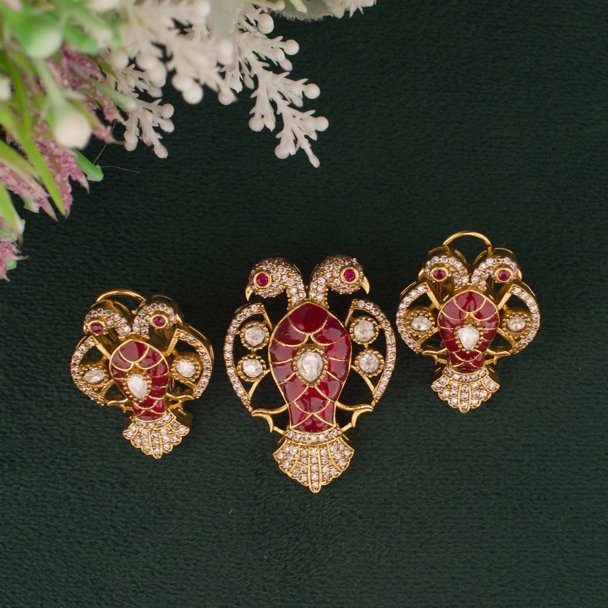 Victorian Polki Ruby Pendant Set With Earrings Close-up Design & Gemstone Detailing - Dulhan Jewels
